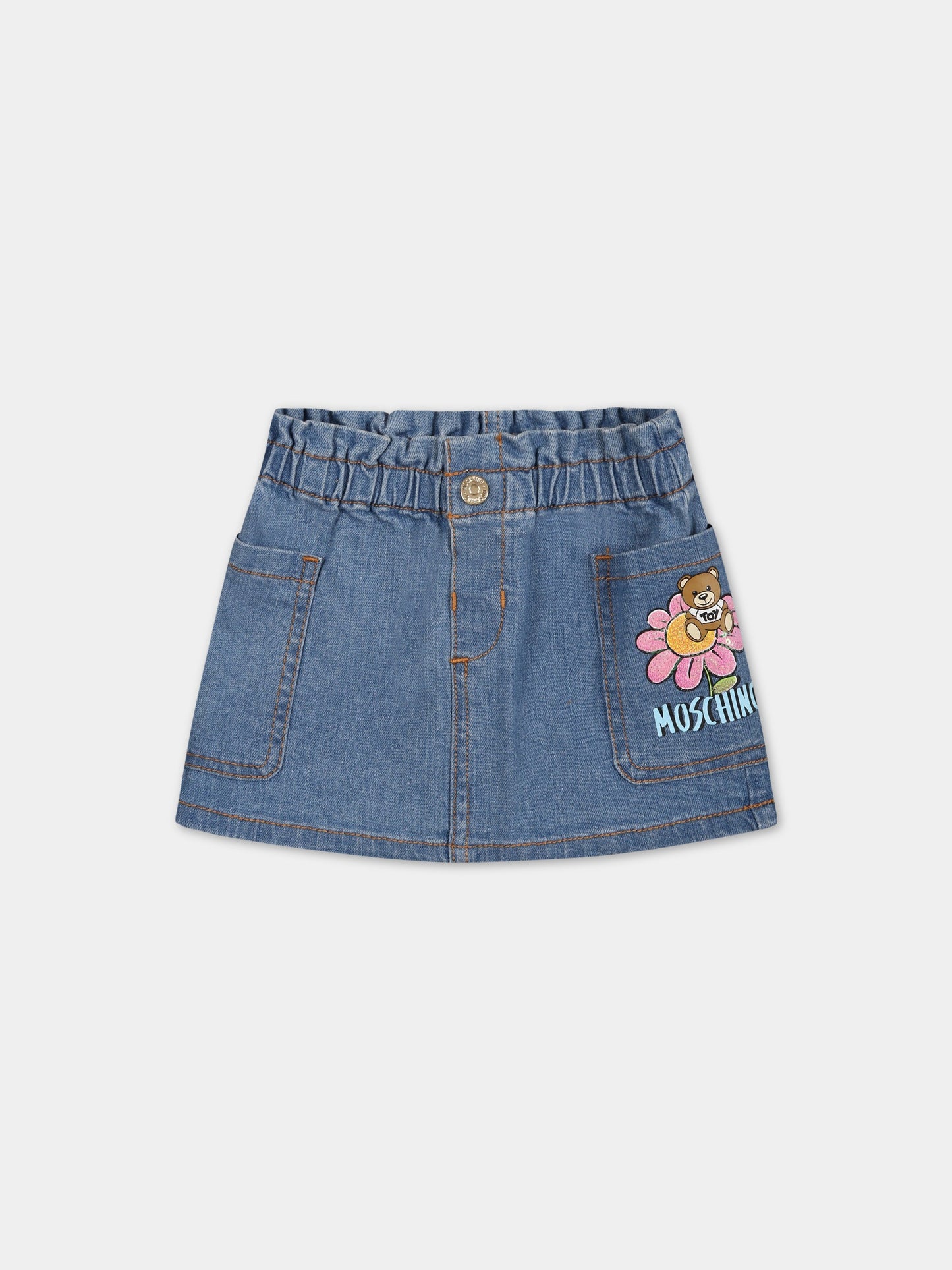 Gonna blu per neonata con fiore e Teddy Bear,Moschino Kids,MDJ019 LXE16 40140