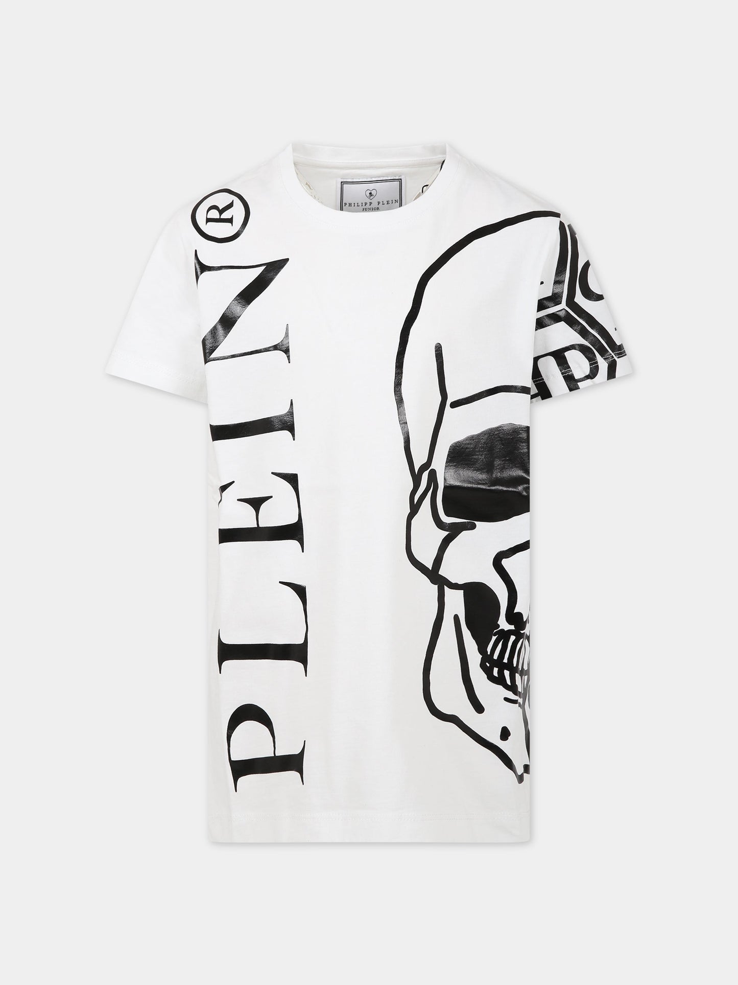 T-shirt bianca per bambino con teschio e logo,Philipp Plein Junior,2PM002 LAA24 10101