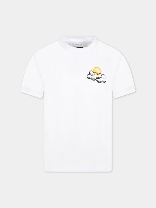 T-shirt bianca per bambini con nuvole,Mood-one,T-SHIRT NUVOLA SOLE