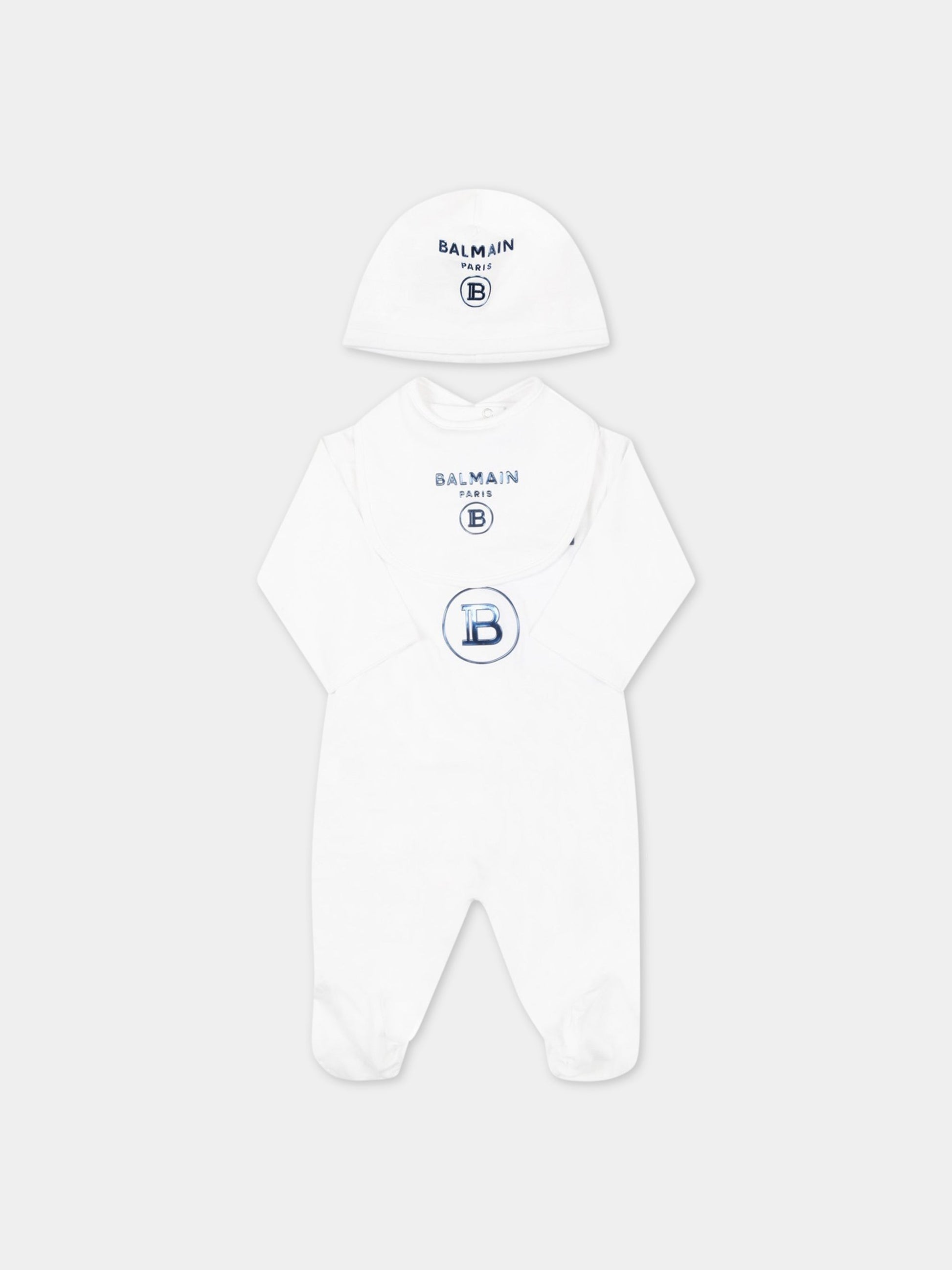 Set bianco per neonato con doppio logo blu,Balmain Kids,6Q8A50 Z0057 100AZ