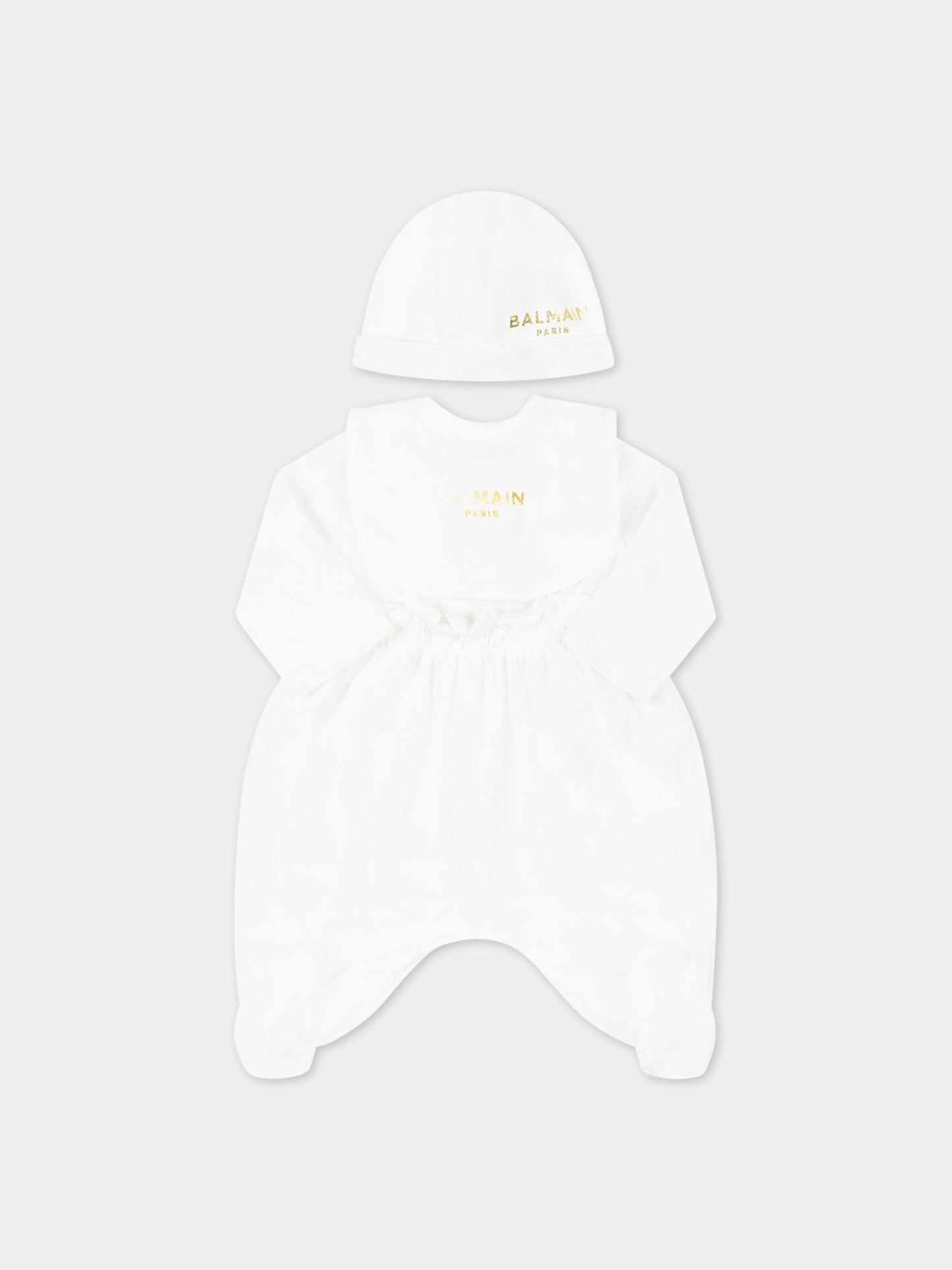 Set bianco per neonata con logo dorato,Balmain Kids,6Q8860 J0006 100