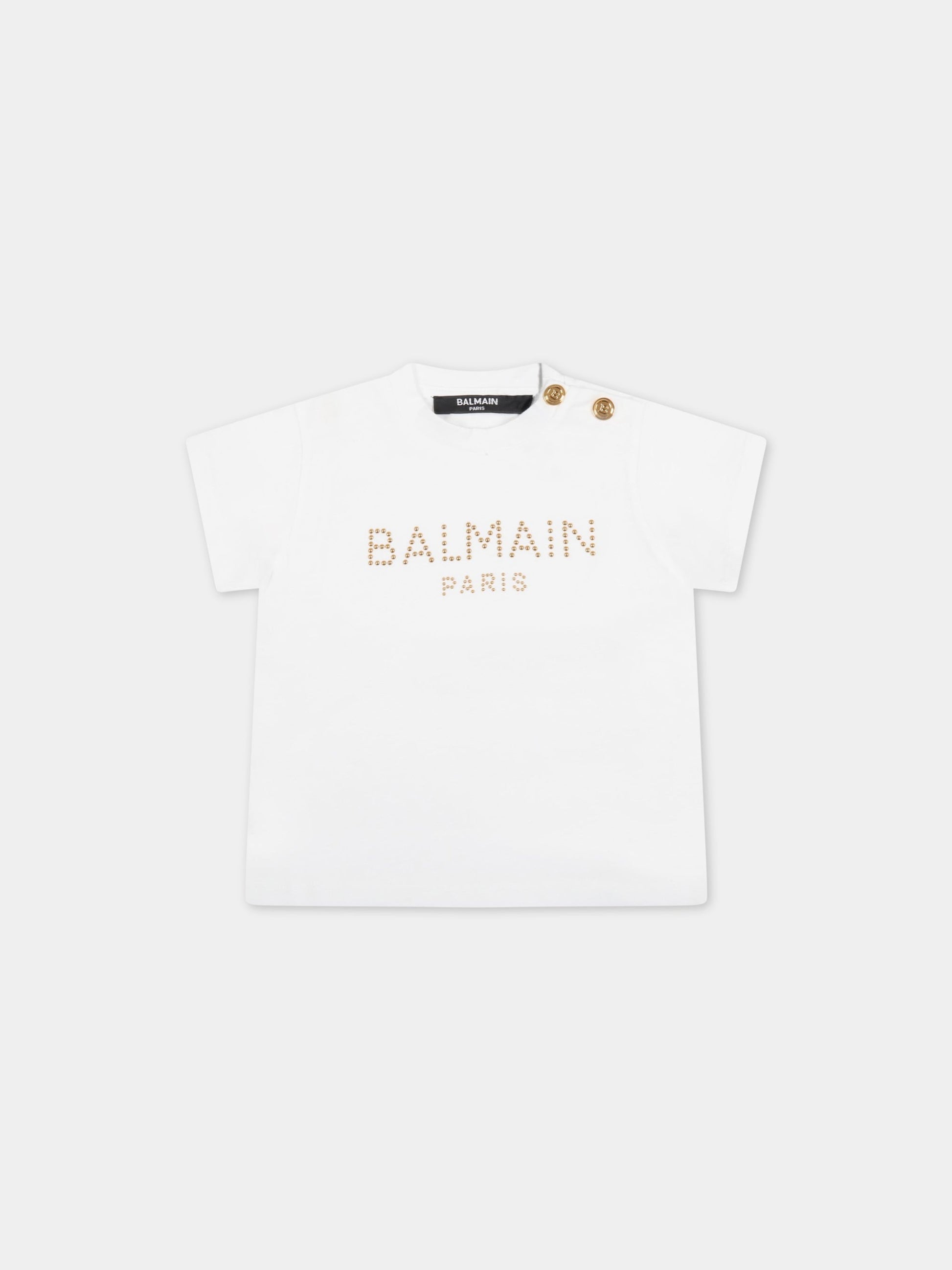 T-shirt bianca per neonata con logo dorato,Balmain Kids,6Q8921 J0006 100