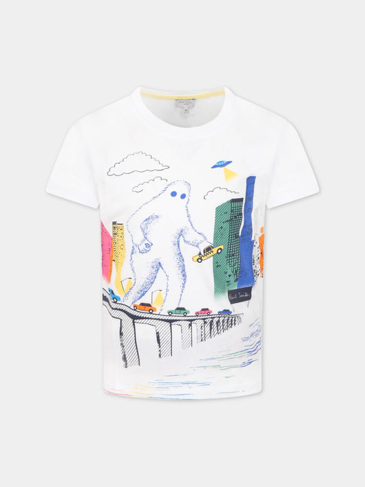 T-shirt bianca per bambino con disegni,Paul Smith Junior,P25131 10P