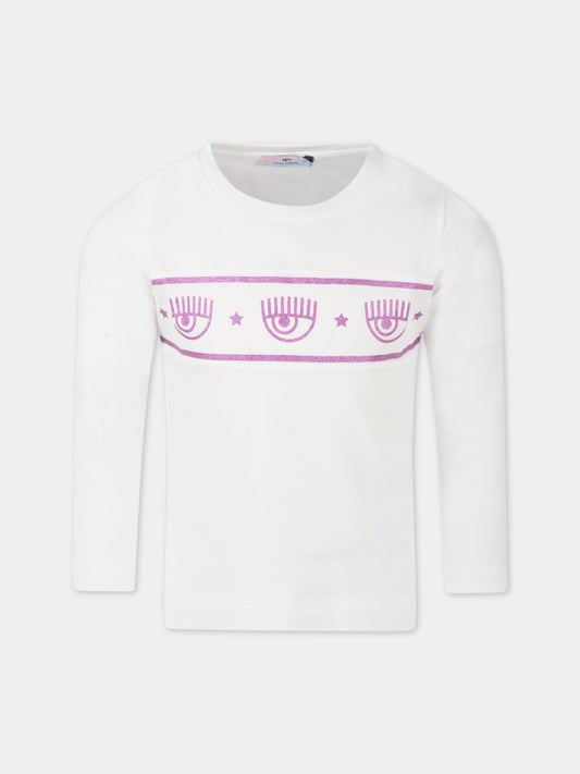 T-shirt bianca per bambina con iconici occhiolini viola,Chiara Ferragni Collection,510623 0205 0001