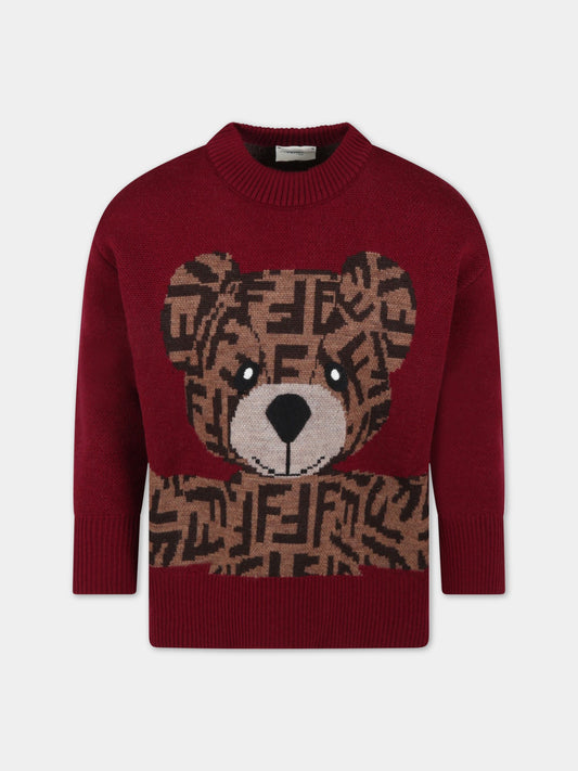 Maglione bordeaux per bambini con orso,Fendi Kids,JUG037 AJ3E F1I12