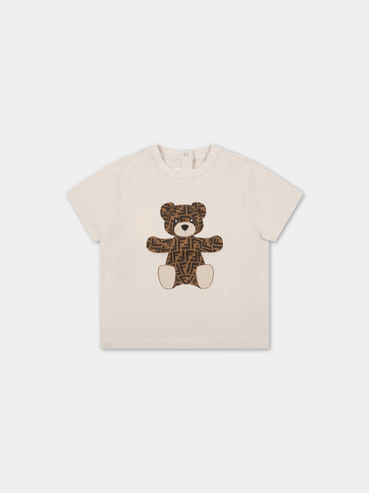 T-shirt beige per neonati con orso,Fendi Kids,BUI050 ST8 F19J5