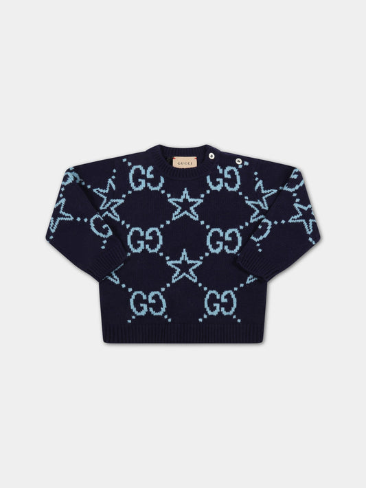 Maglione blu per neonati con stelle,Gucci Kids,691866 XKCGP 4659