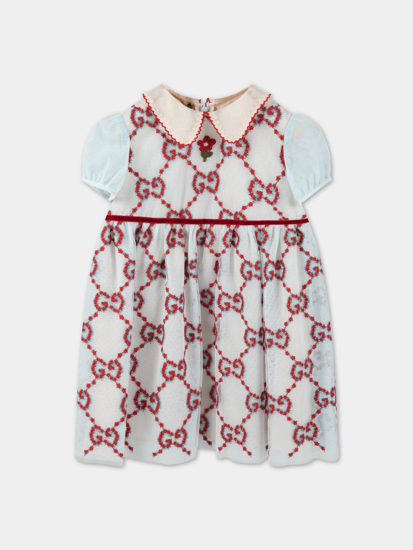 Vestito celeste per neonata con fiori rossi,Gucci Kids,696660 ZAJE9 9376