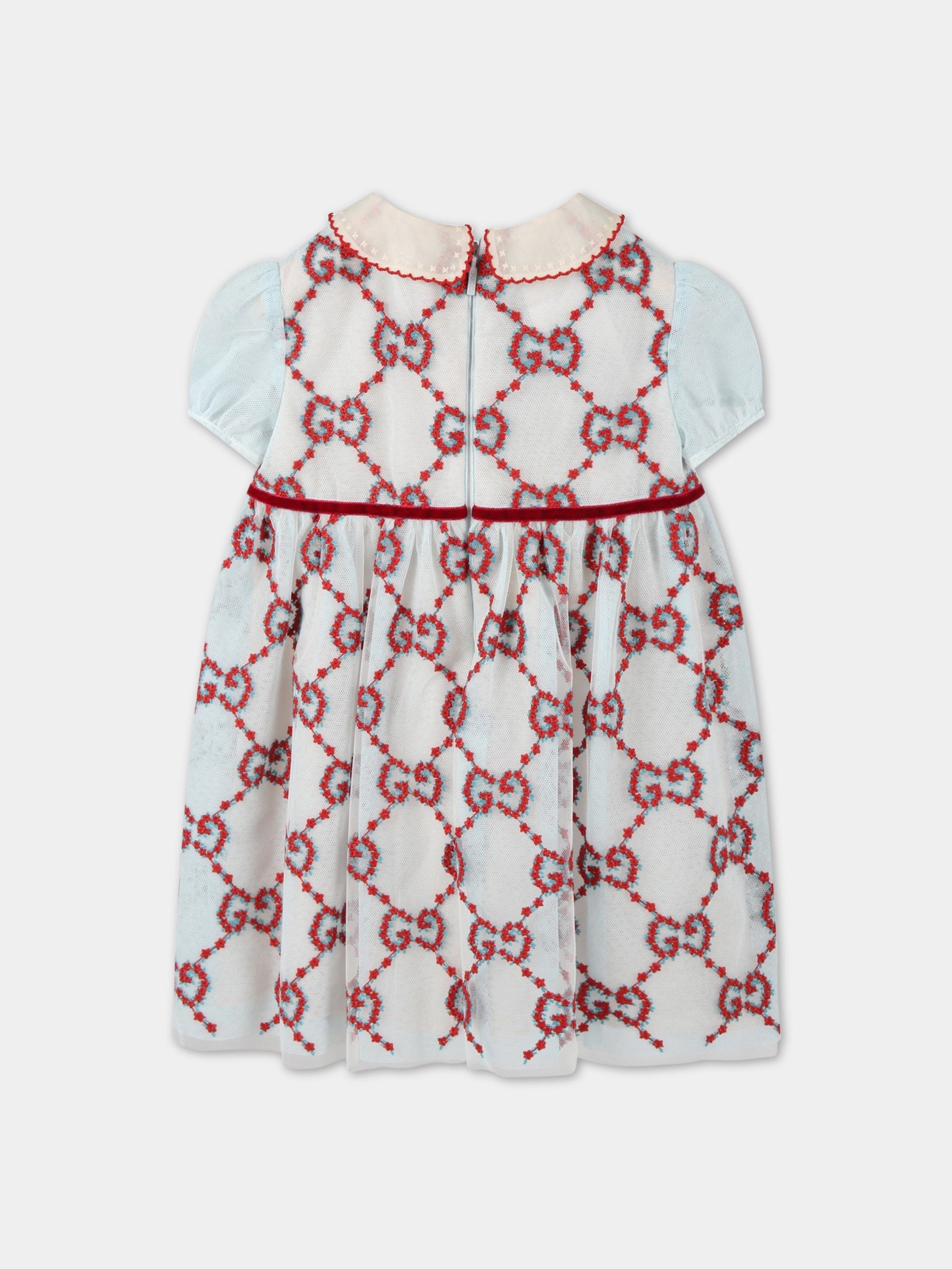 Vestito celeste per neonata con fiori rossi,Gucci Kids,696660 ZAJE9 9376