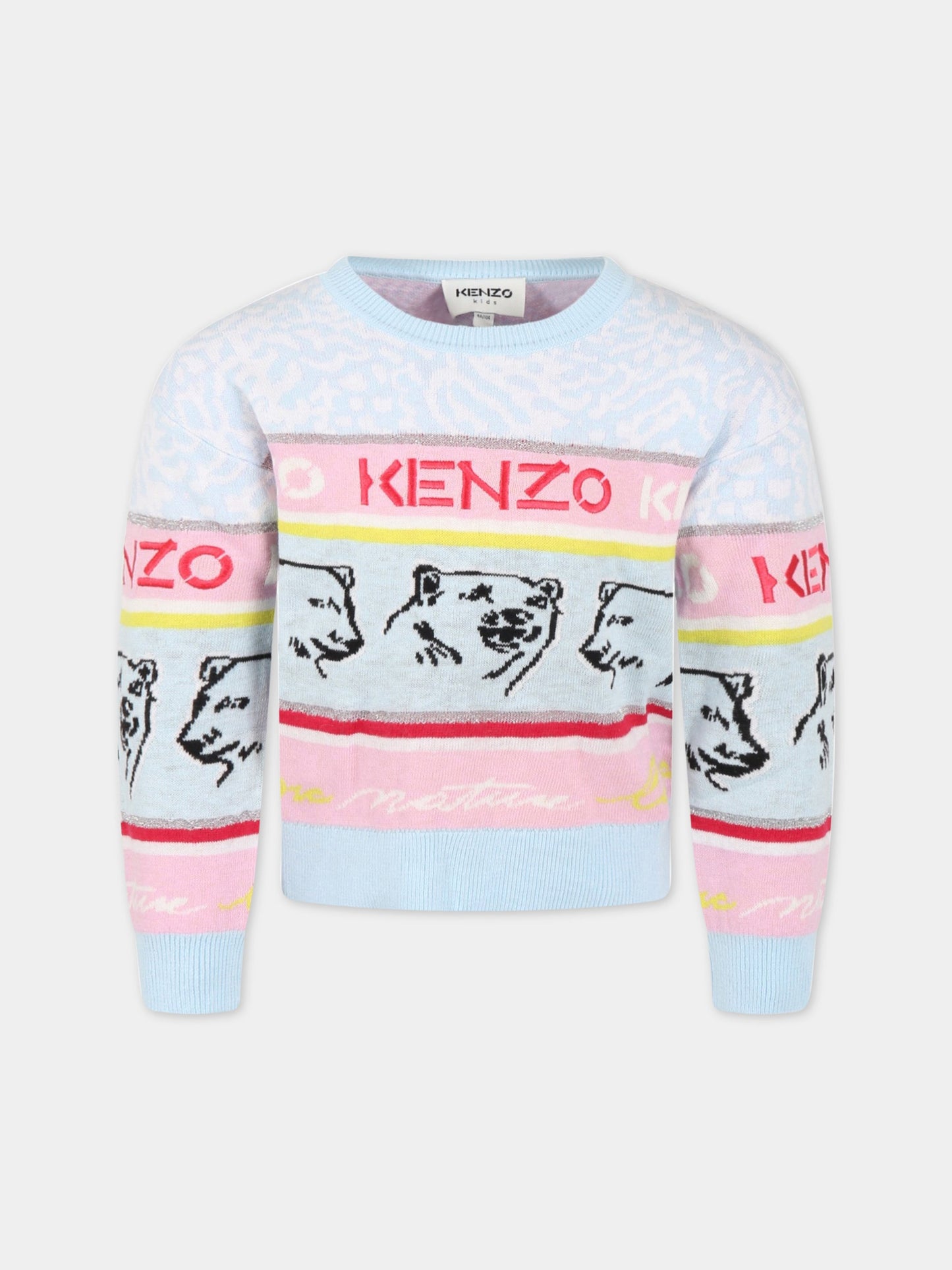 Maglione celeste per bambina con loghi,Kenzo Kids,K15591 782