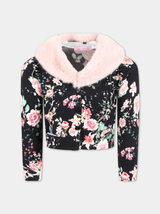 Cardigan nero per bambina con fiori,Blumarine Baby,IF2053 MAB01 B4013