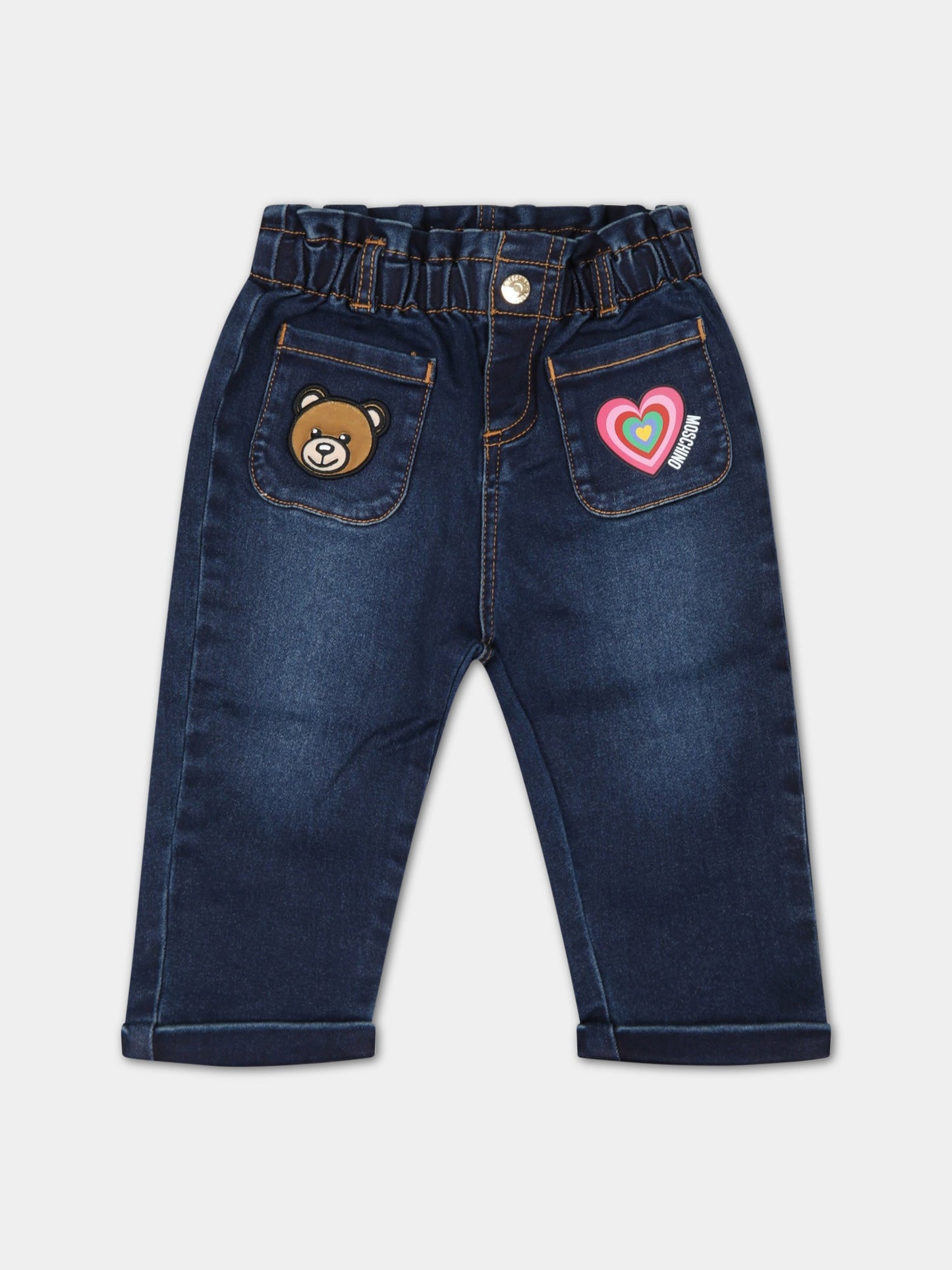 Jeans blu per neonata con cuore,Moschino Kids,MDP02S LXE24 40016