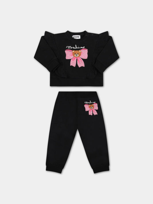 Completo nero per neonata con fiocco rosa e Teddy Bear,Moschino Kids,MDK027 LDA14 60100