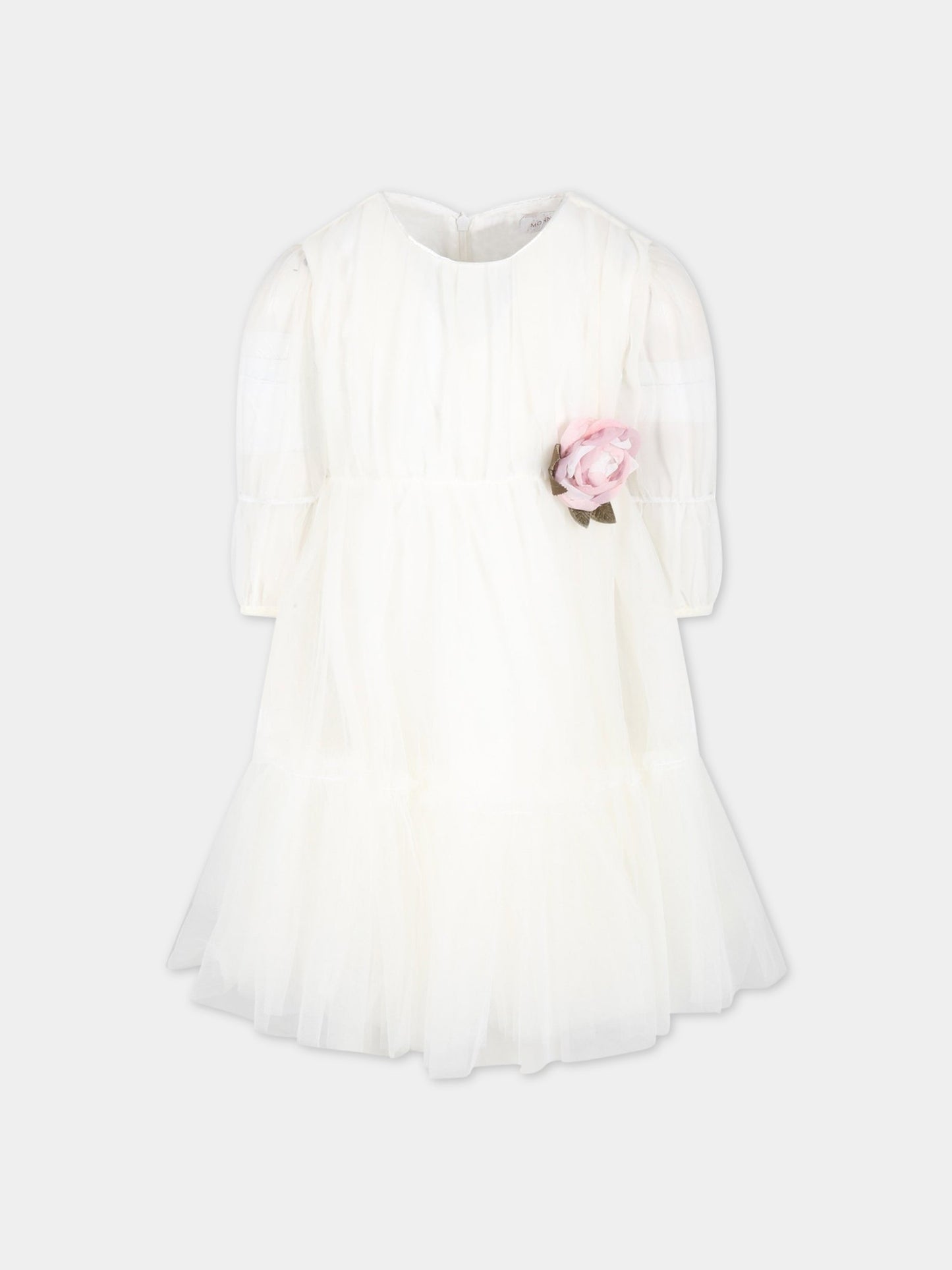 Vestito bianco per bambina con rosa,Monnalisa,710900 T9945 0001