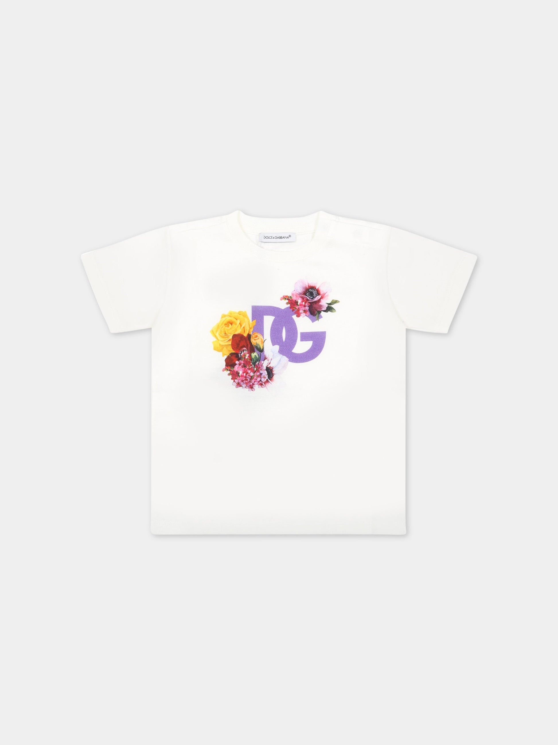 T-shirt bianca per neonata con logo viola e fiori,Dolce & Gabbana Kids,L2JTFF G7E7W HA3VT