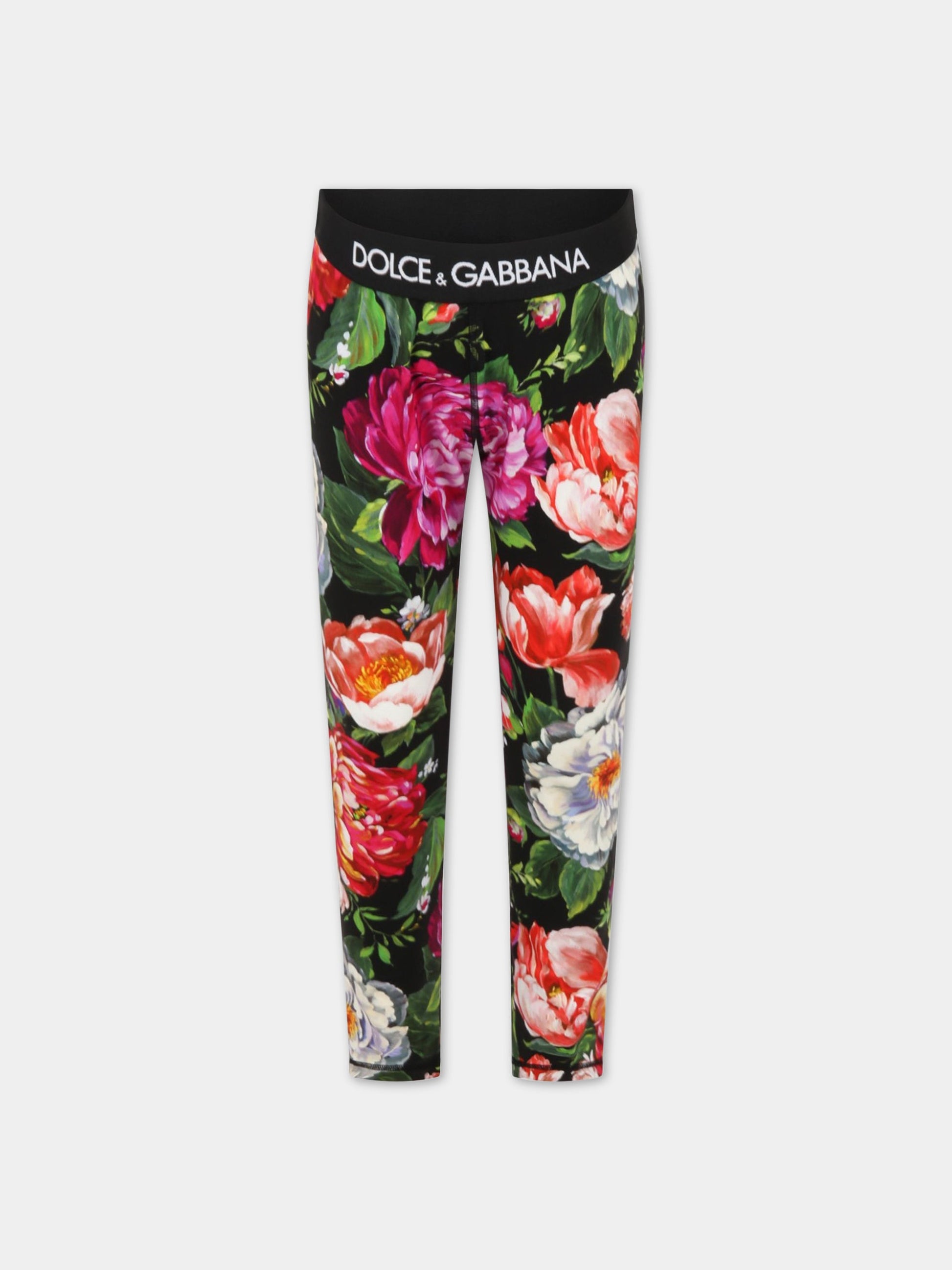 Leggings neri per bambina con logo bianco e fiori,Dolce & Gabbana Kids,L5JP9J FSG3E HN3VW