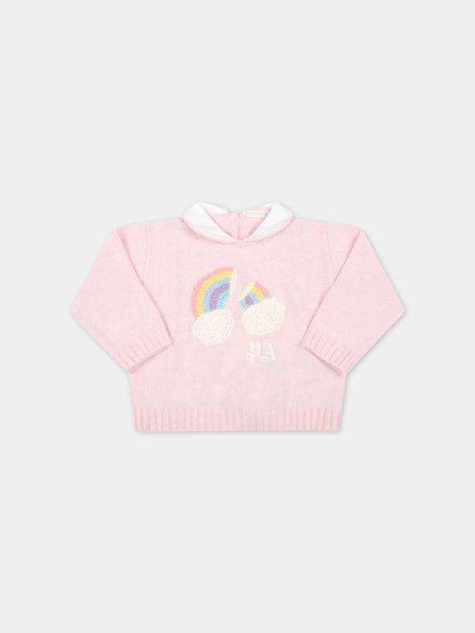 Maglione rosa per neonata con arcobaleno e logo,Palm Angels,PGXP001F22KNI0013384