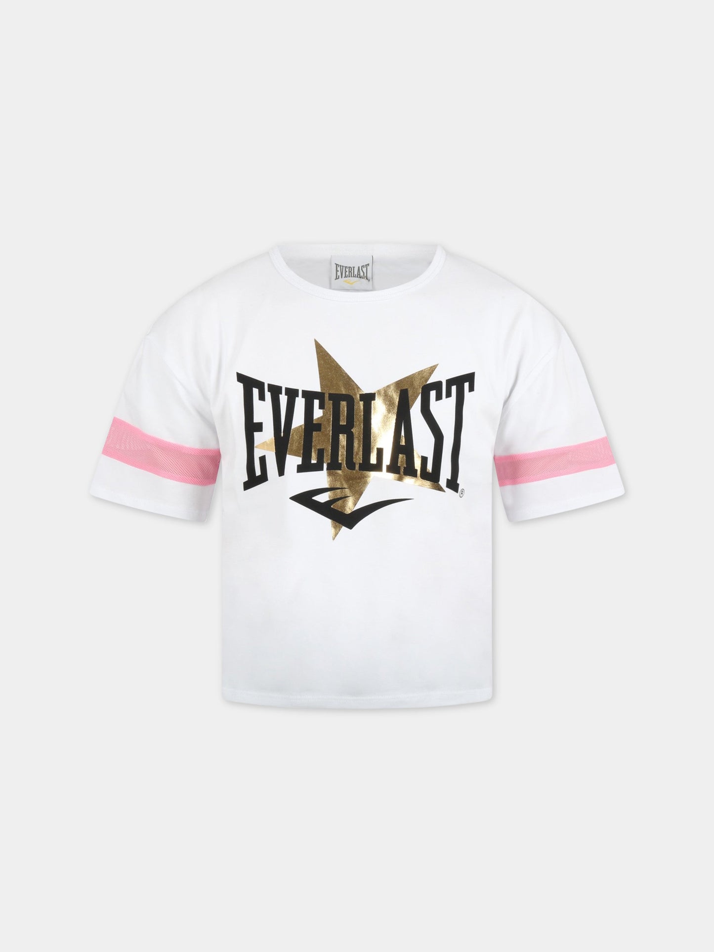 T-shirt bianca corta per bambina con logo nero e stella dorata,Everlast,031088 001