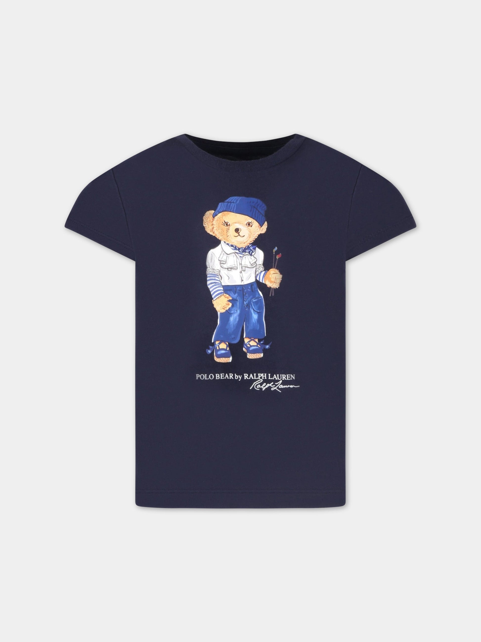 T-shirt blu per bambina con Polo Bear e logo bianco,Ralph Lauren Kids,890235001