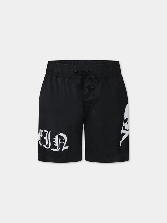 Boxer-mare nero per bambino con stampa e logo,Philipp Plein Junior,2UL004 LKA07 60100