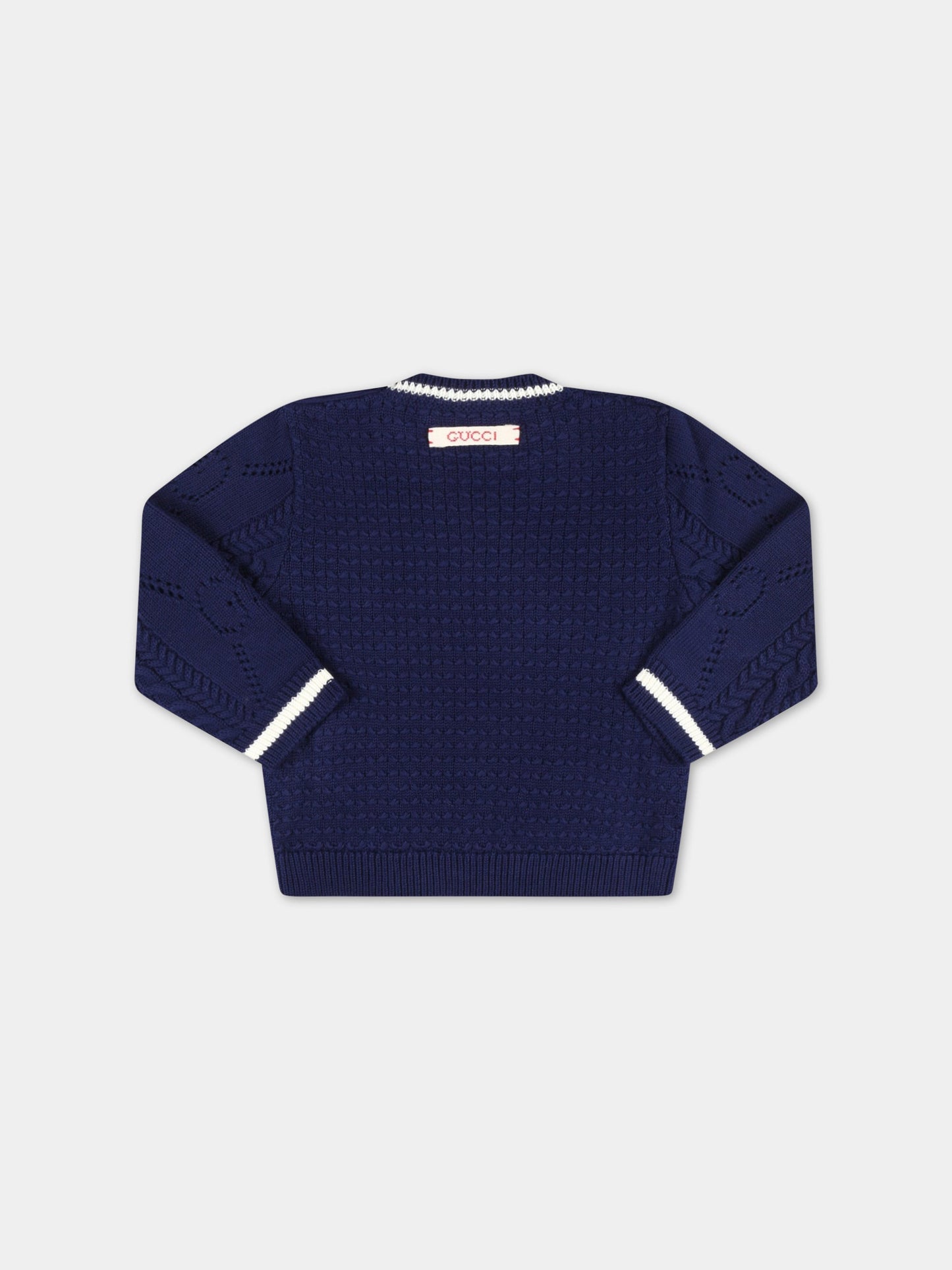 Maglione blu per neonato con patch logato,Gucci Kids,715415 XKCR2 4347