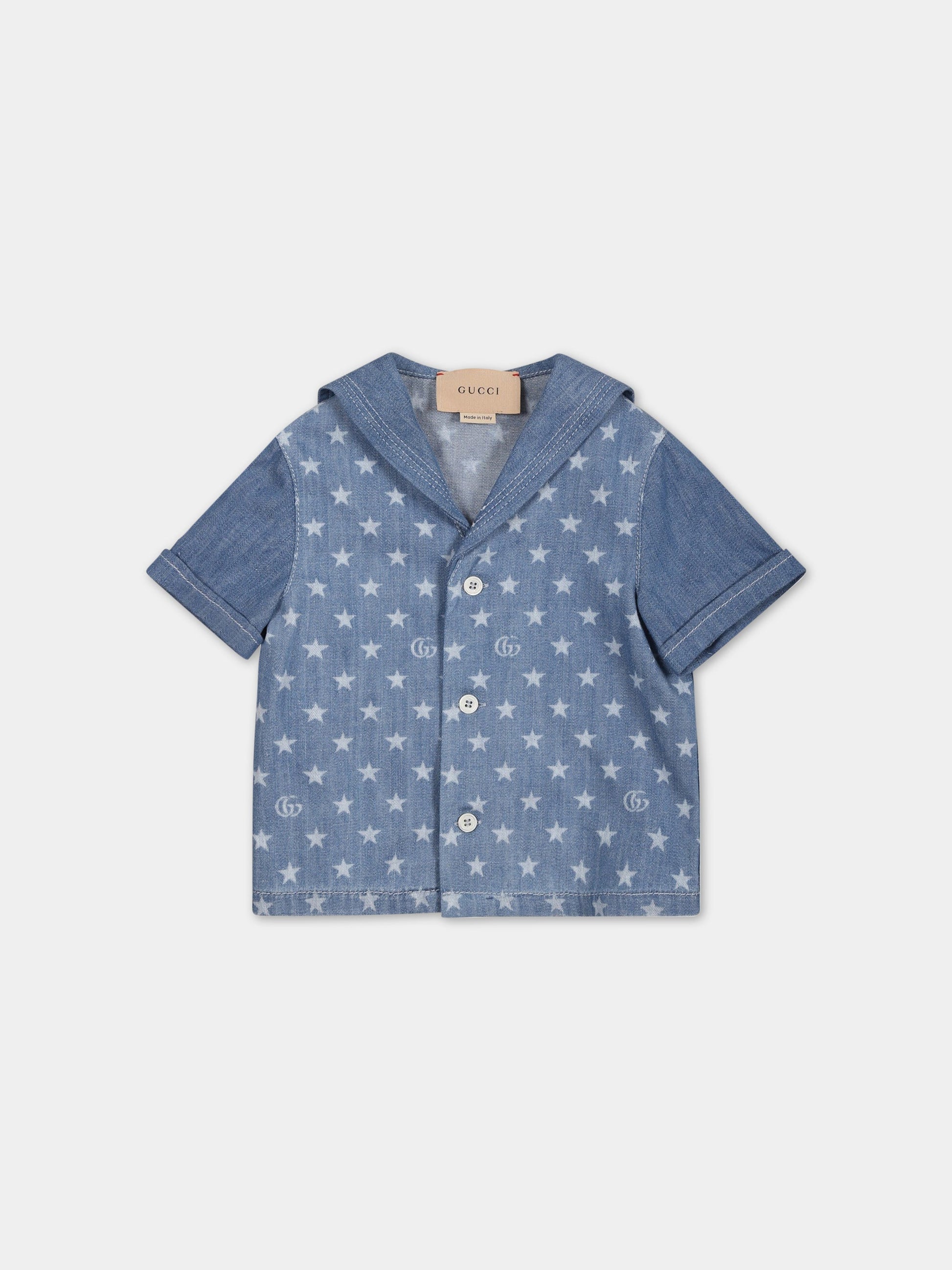 Camicia celeste per neonato con iconica doppia GG,Gucci Kids,712647 XDB70 4425