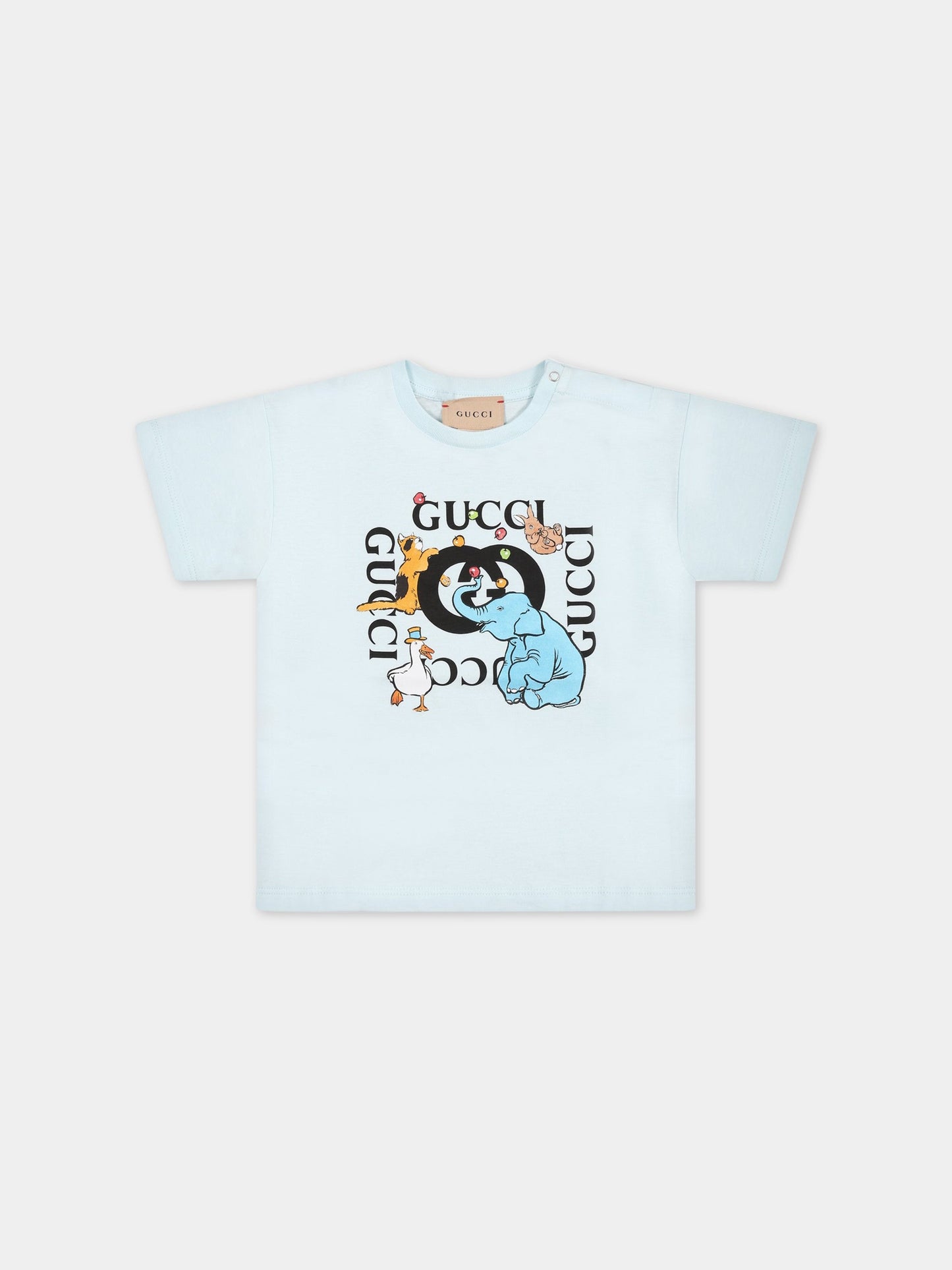 T-shirt celeste per neonato con stampa con animali,Gucci Kids,576871 XJEY9 4724