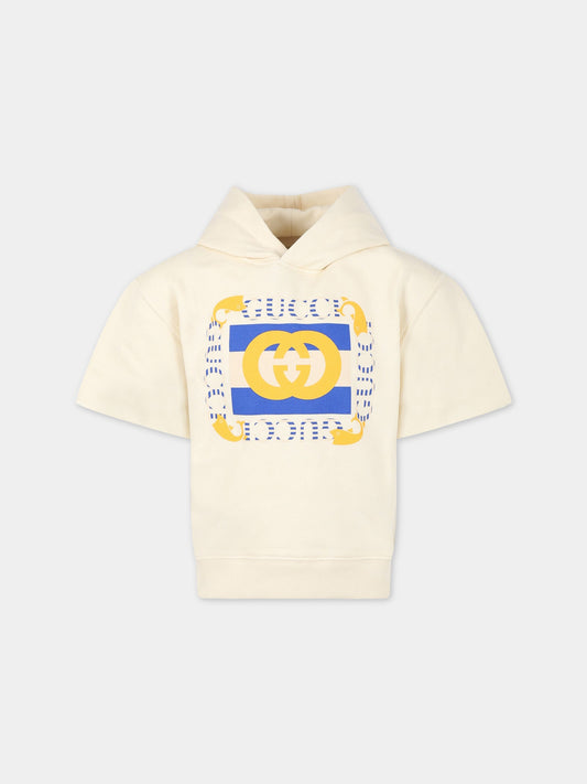 Felpa avorio per bambino con stampa pesci e logo GG,Gucci Kids,722404 XJEZW 9756