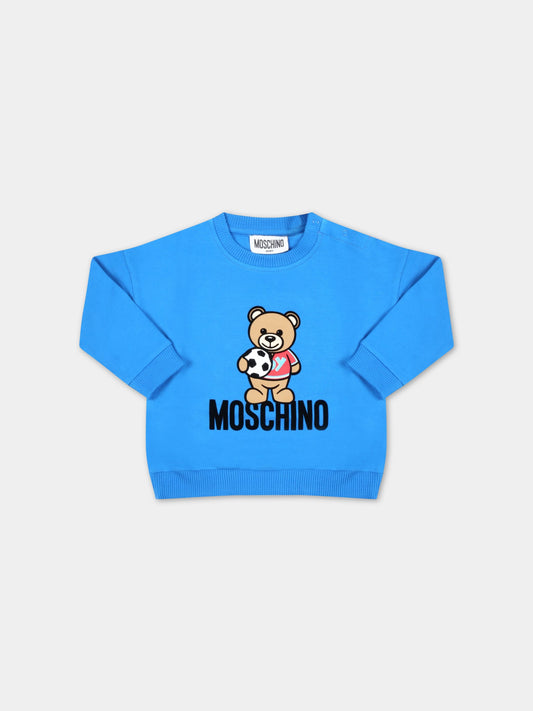 Felpa azzurra per neonato con Teddy Bear calciatore,Moschino Kids,MSF03Q LDA27 40515