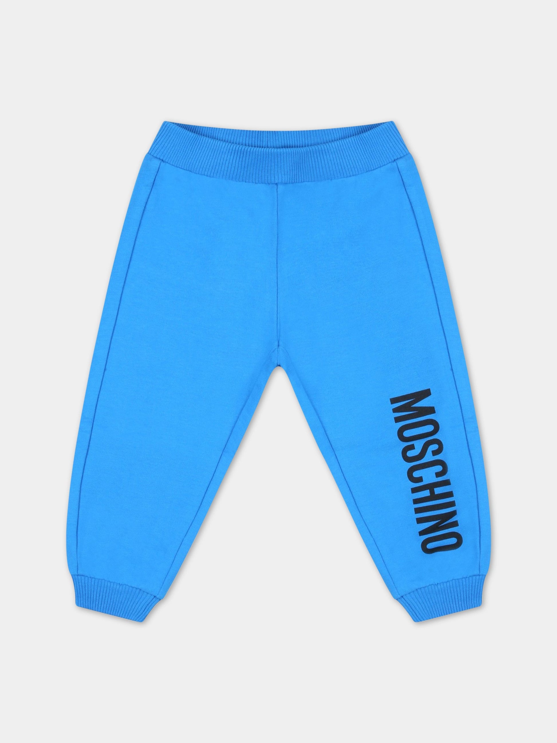 Pantaloni azzurri da tuta per neonato con logo nero,Moschino Kids,MMP04O LDA27 40515