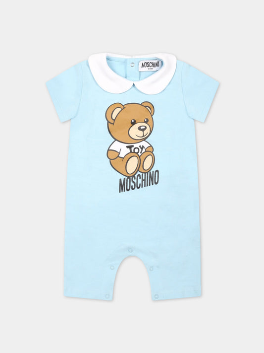 Pagliaccetto celeste per neonato con Teddy Bear e logo nero,Moschino Kids,MUY058 LBA10 40304