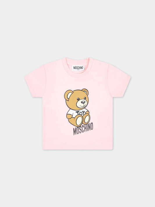 T-shirt rosa per neonata con Teddy Bear e logo nero,Moschino Kids,MUM03D LBA10 50209