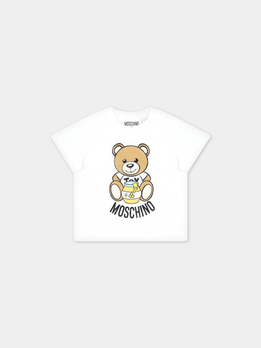 T-shirt bianca per neonati con Teddy Bear con miele,Moschino Kids,MQM032 LAA03 10063