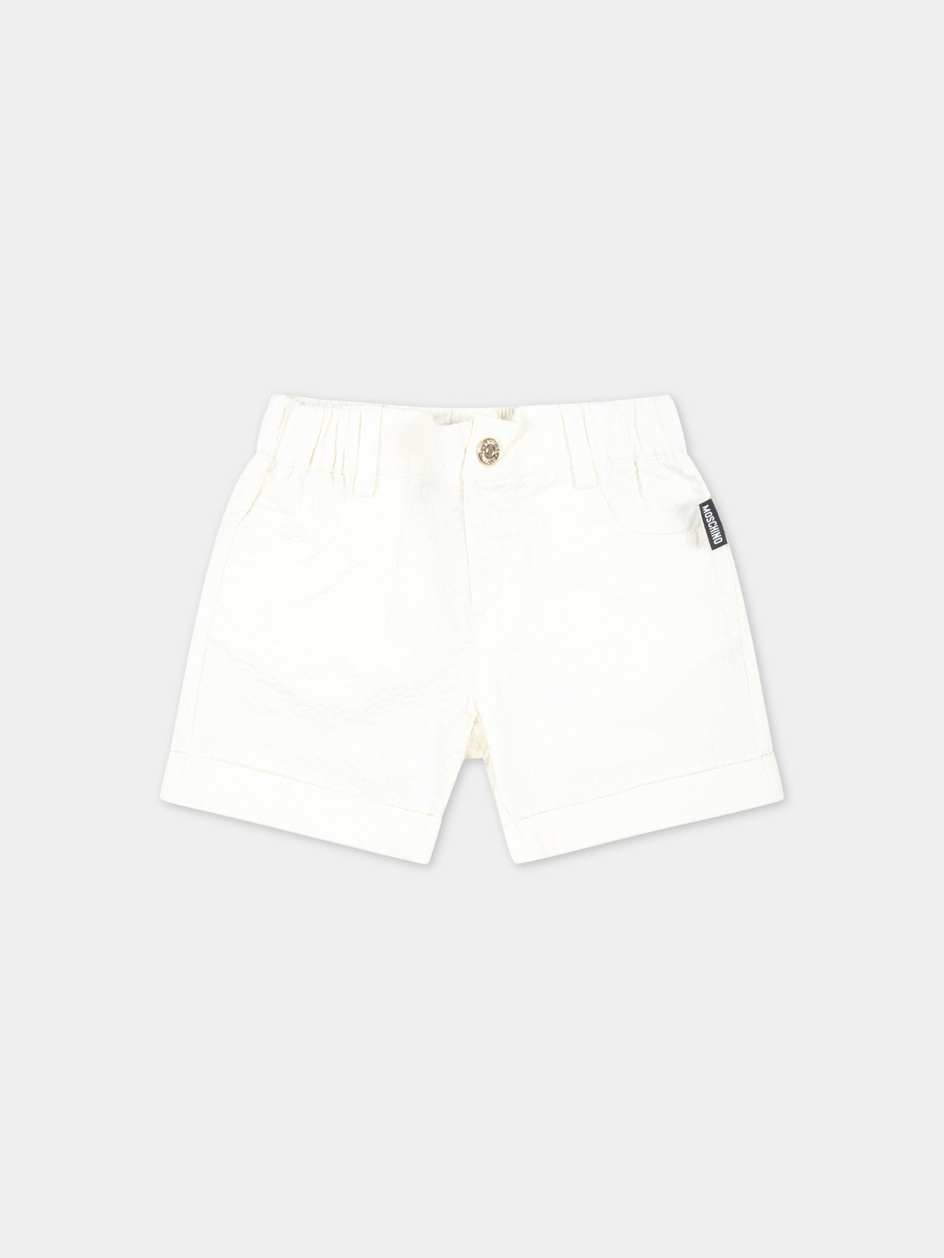 Bermuda bianchi per neonato con patch logato,Moschino Kids,MUQ00T LZA15 10063
