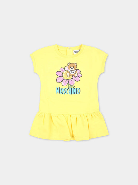 Vestito giallo per neonata con Teddy Bear e fiore,Moschino Kids,MEV06U LDA12 50162