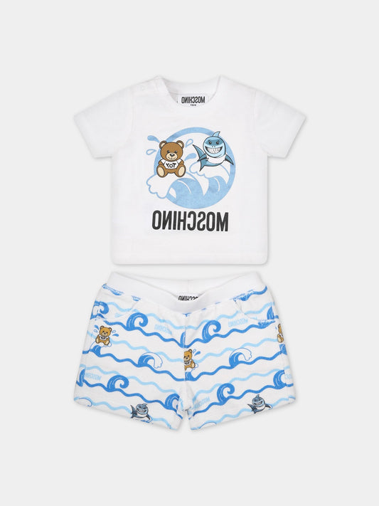 Completo bianco per neonato con Teddy bear,logo e stampa,Moschino Kids,MUG00W LAA02 84294