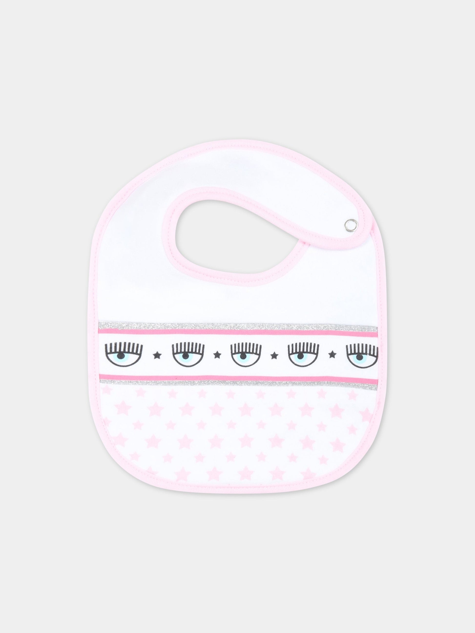 Bavaglino bianco per neonata con stelle rosa e occhiolini,Chiara Ferragni Collection,55A001 1001 9990