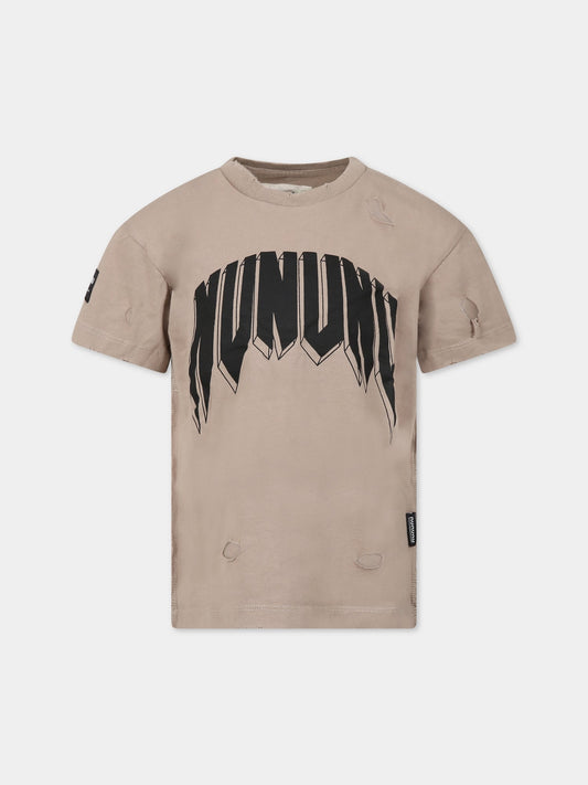 T-shirt marrone per bambino con stampa e logo,Nununu,NU3703A