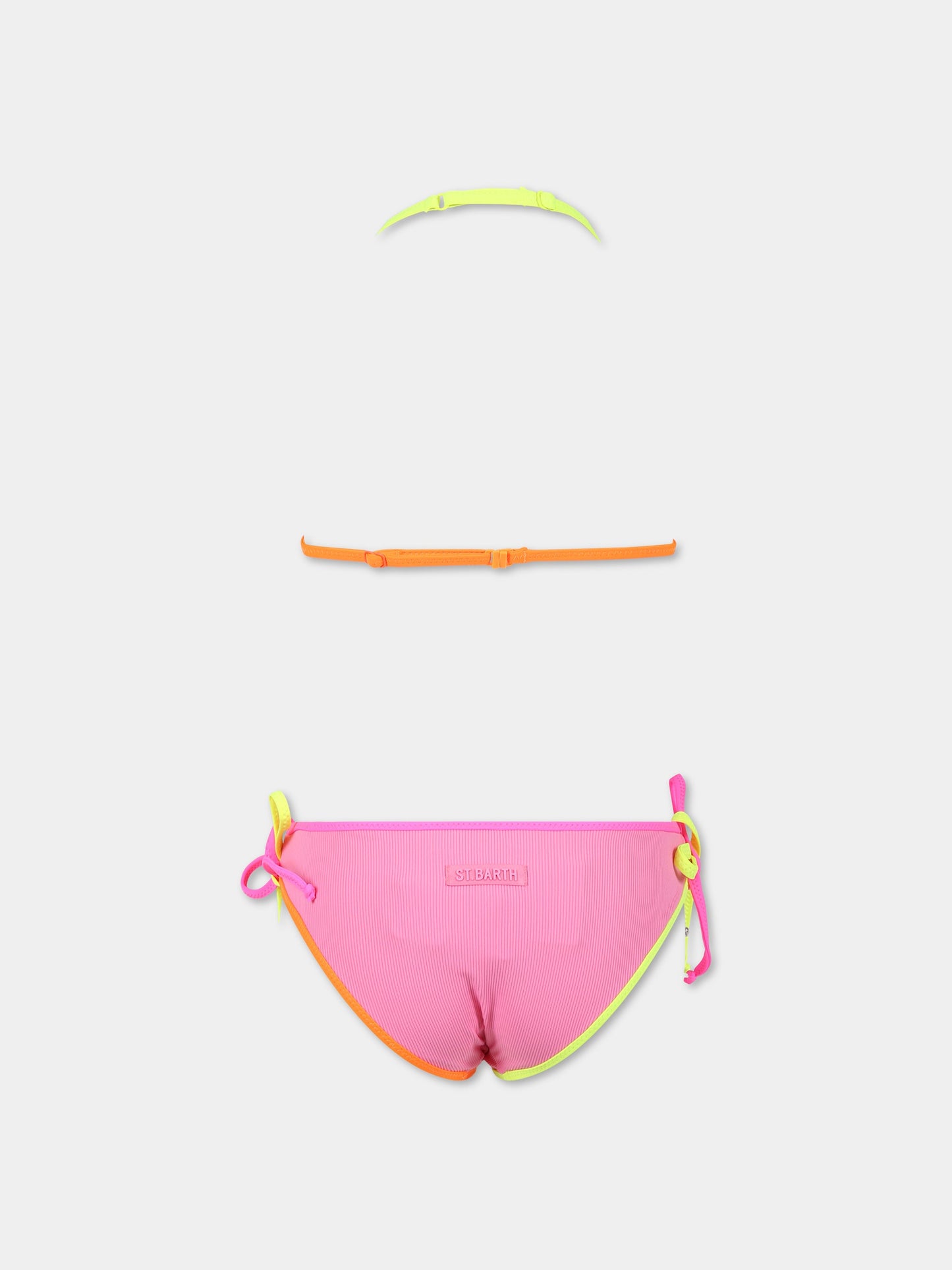 Bikini fucsia per bambina con logo, patch smile e fiore,Mc2 Saint Barth,HOLLY STRING RIB 23 MULTIC SMILE DAISY PATCH