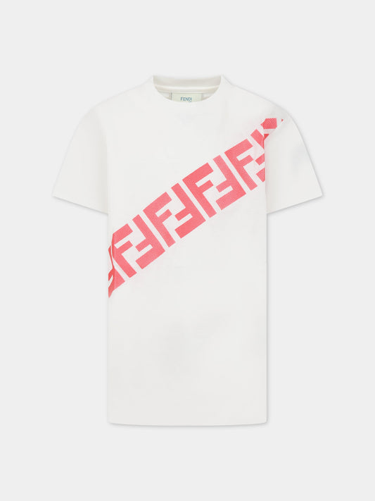 T-shirt bianca per bambini con doppia F,Fendi Kids,JFI292 7AJ F1LTW