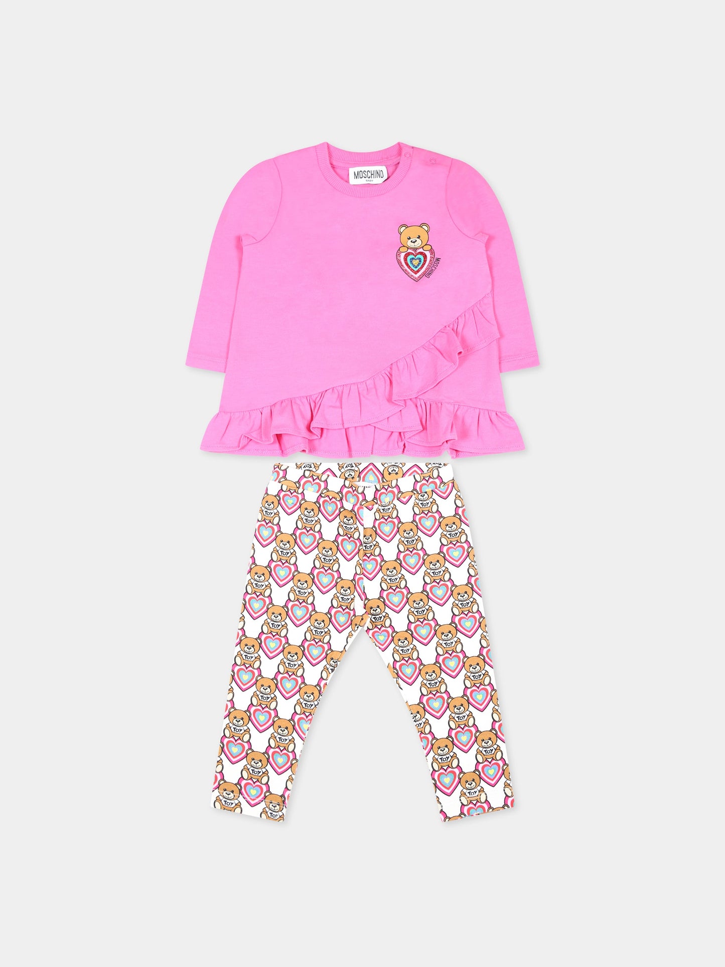 Completo multicolor per neonata con Teddy Bear e cuori,Moschino Kids,MDK025 LBBA7 83612