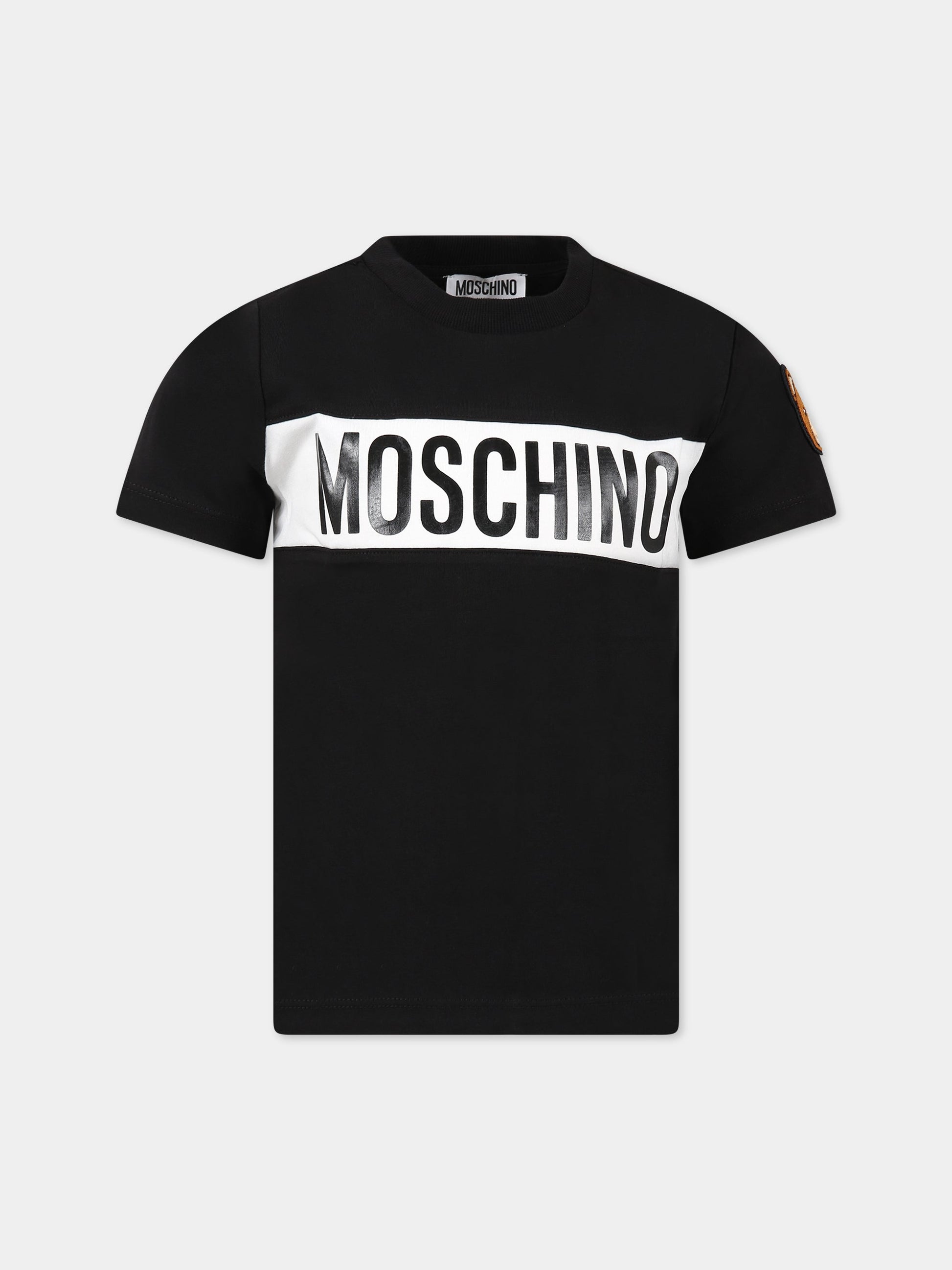 T-shirt nera per bambini con logo e Teddy Bear,Moschino Kids,HUM03Q LAA10 60100