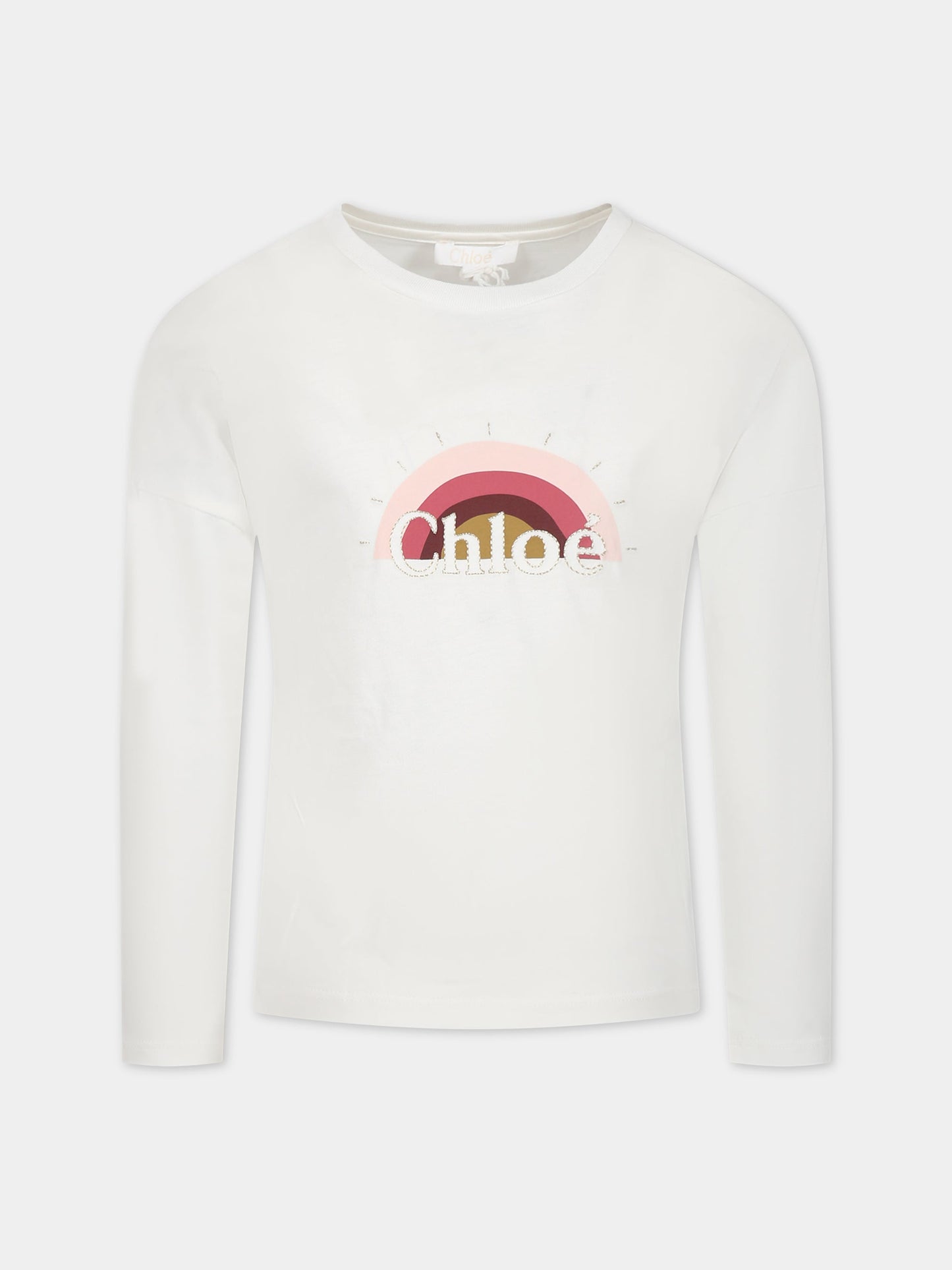 T-shirt avorio per bambina con stampa e logo,Chloé Kids,C15D76 117