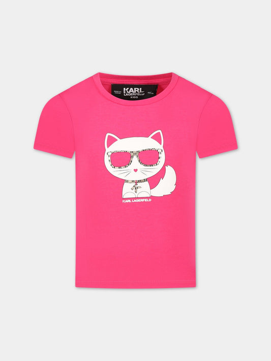 T-shirt fucsia per bambina con Choupette e logo,Karl Lagerfeld Kids,Z15353 487