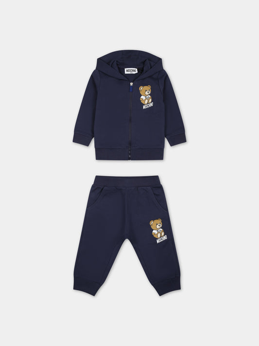 Completo blu per neonato con Teddy Bear e logo,Moschino Kids,MNK037 LCA19 40016