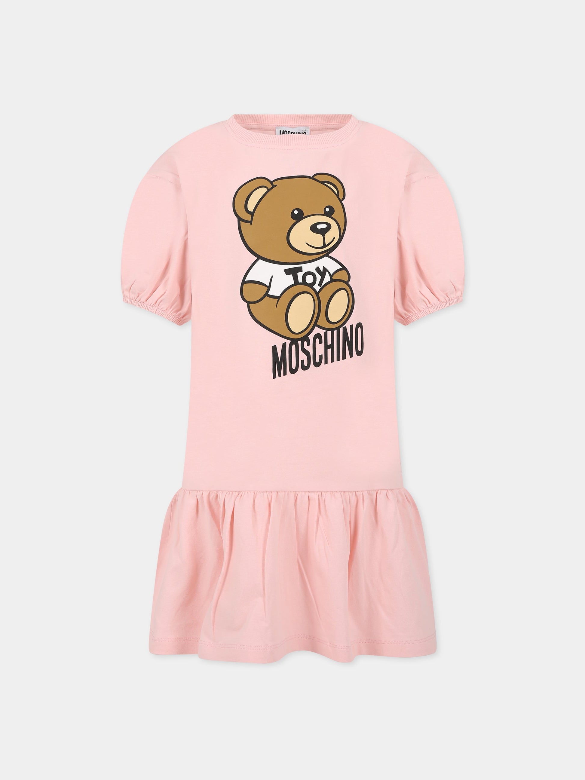 Vestito rosa per bambina con logo e Teddy bear,Moschino Kids,HDV0CQ LBA10 50209