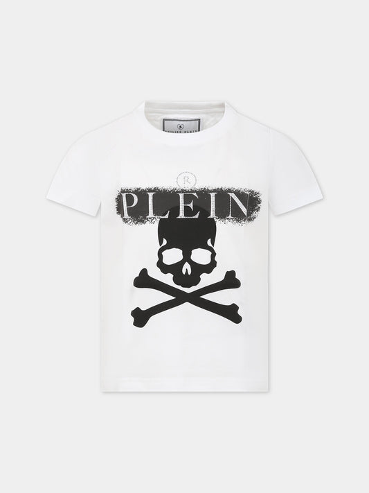 T-shirt bianca per bambino con teschio e logo,Philipp Plein Junior,2MM00D LAA26 10101