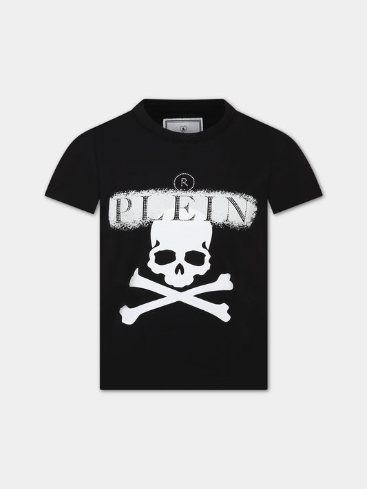 T-shirt nera per bambino con teschio e logo,Philipp Plein Junior,2MM00D LAA26 60100