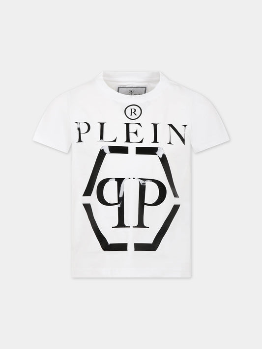 T-shirt bianca per bambino con logo,Philipp Plein Junior,2PM00D LAA26 10101