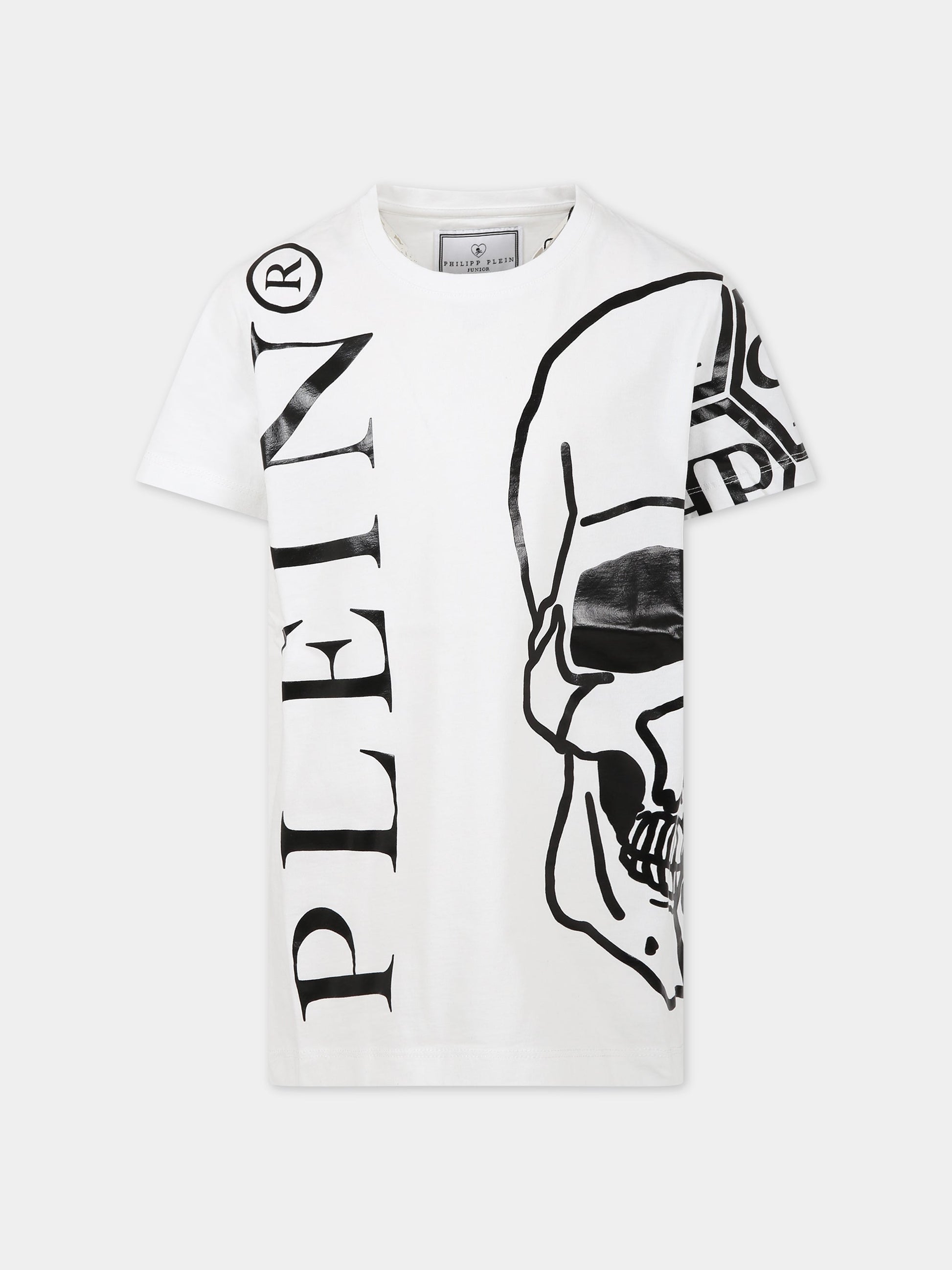 T-shirt bianca per bambino con teschio e logo,Philipp Plein Junior,2PM002 LAA24 10101